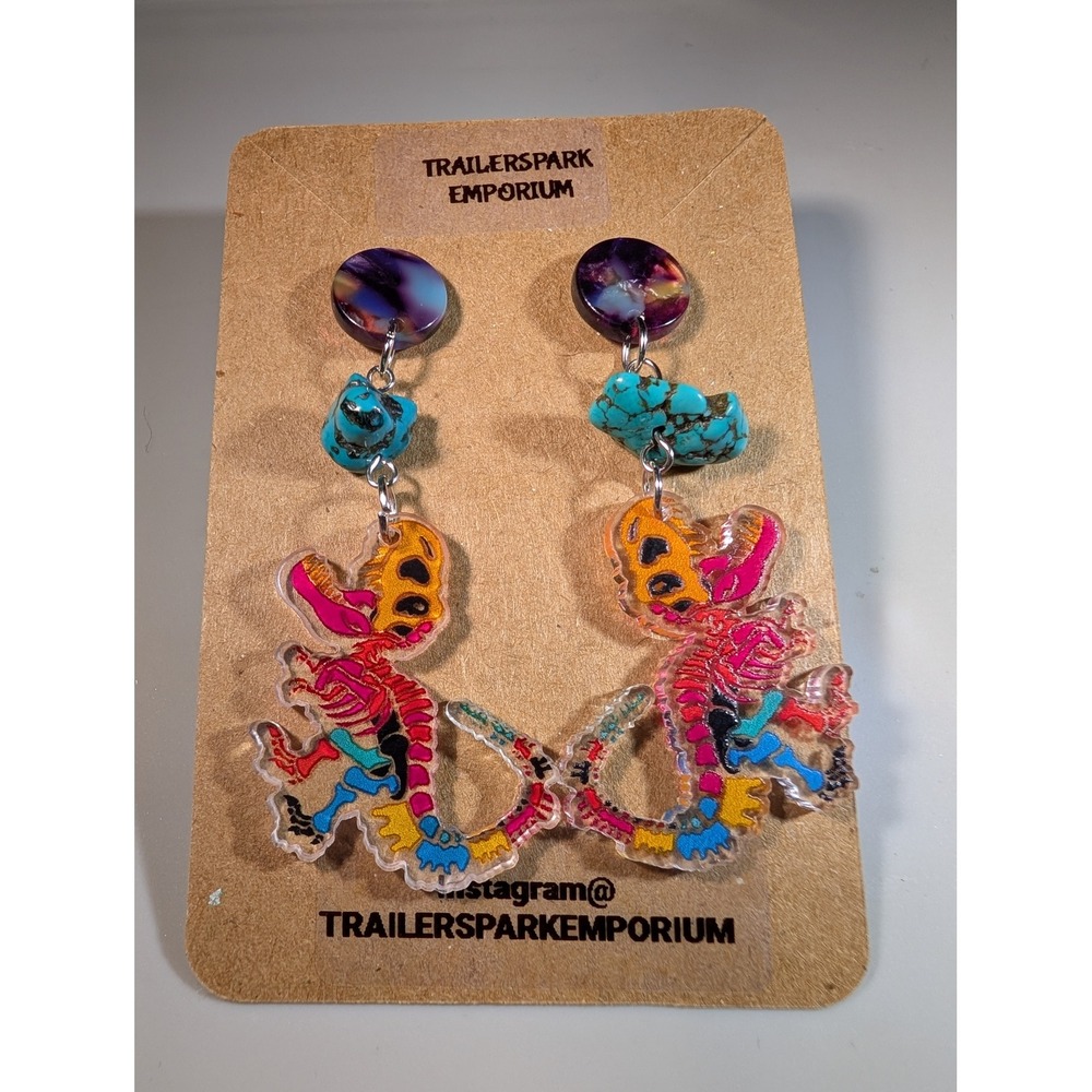 Trailerspark Emporium Neon Dinosaur Skeleton Acrylic Earrings Nickel Free Dangle